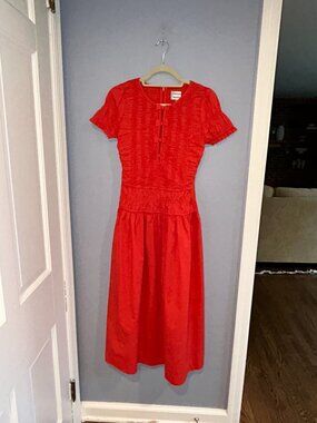 Damson Madder Red Midi Dress, Sz 4, Smocked and Bow Accents